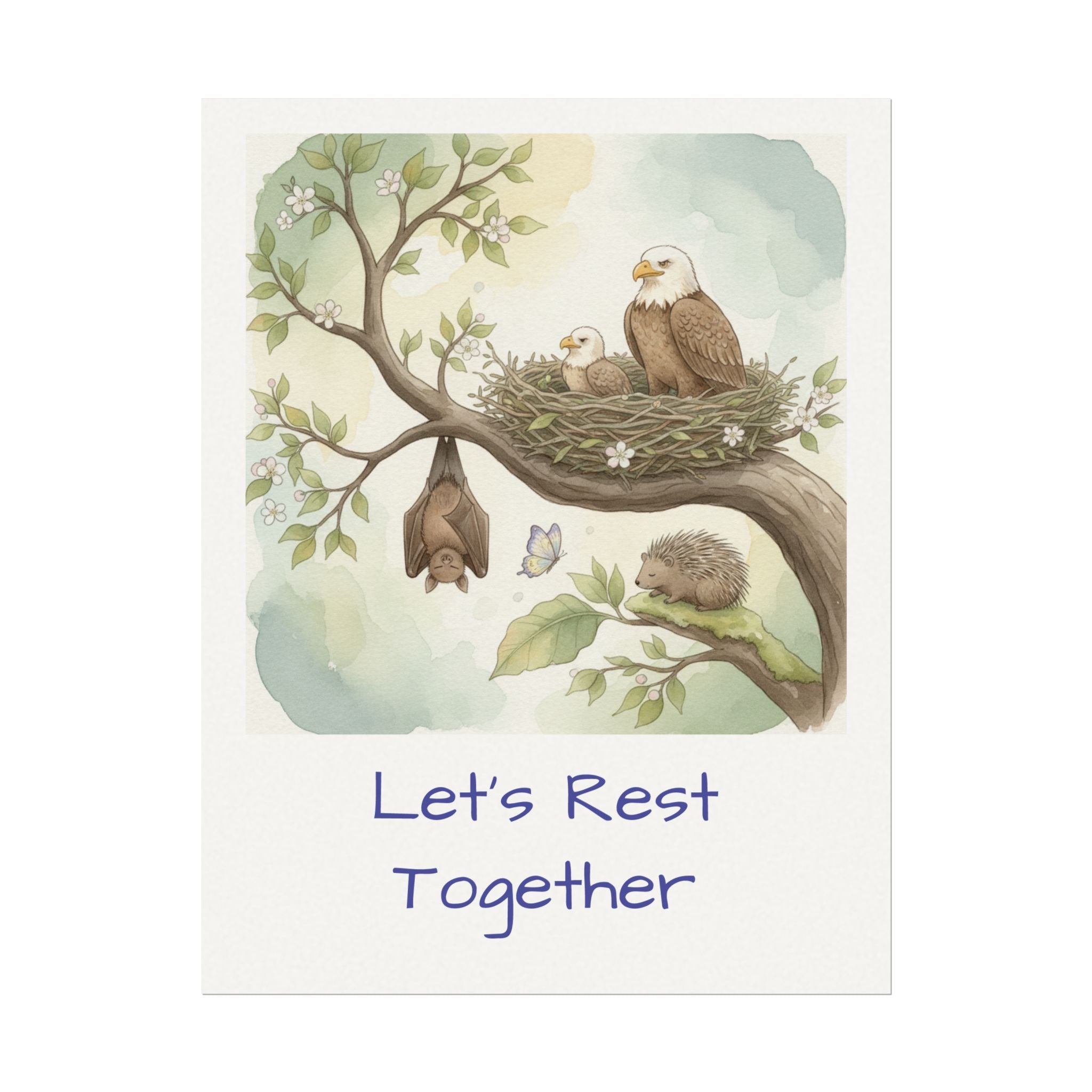 Let's Rest Together Watercolor Poster — Woodland Animals Calm Corner Wall Art