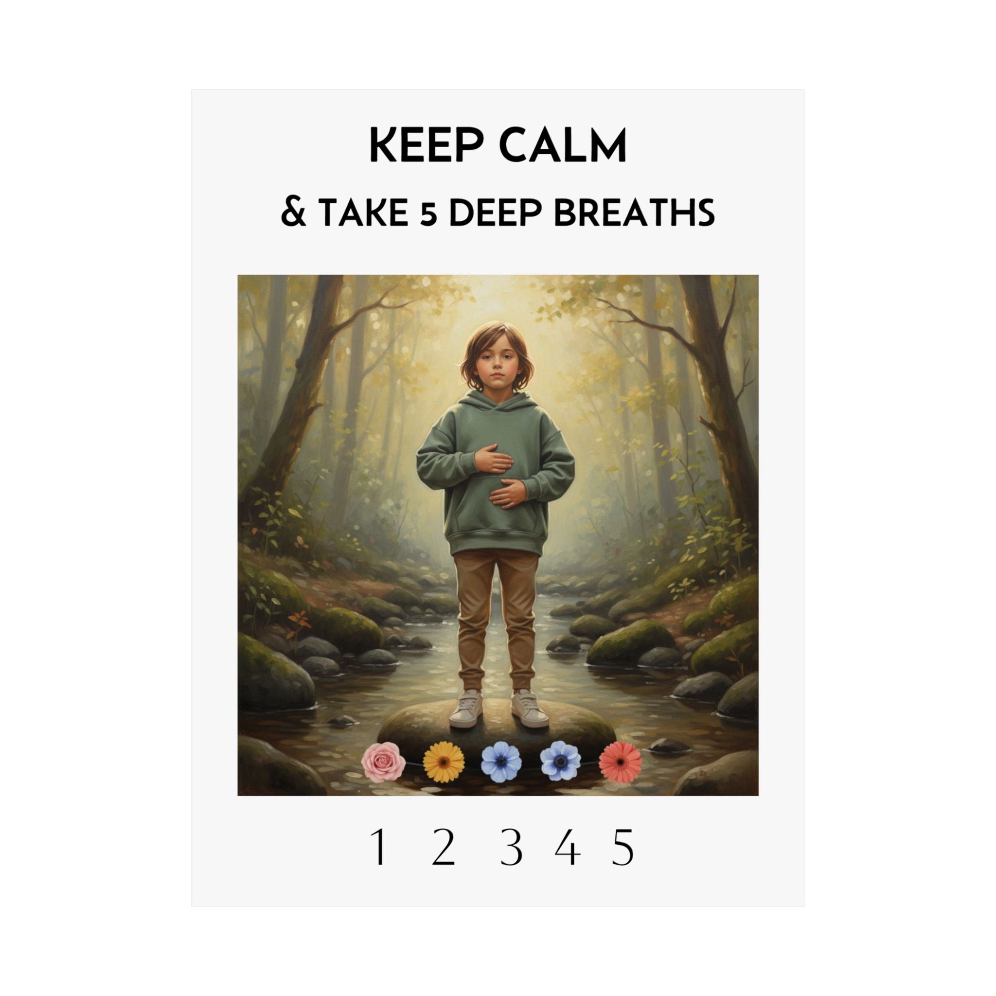 Keep Calm & Take 5 Deep Breaths Poster — Calming Mindfulness Art Print