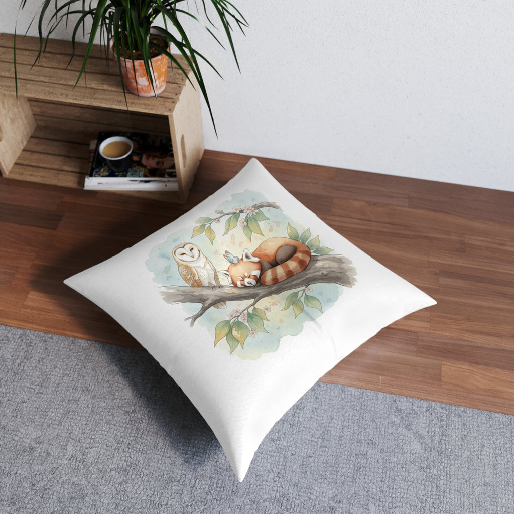 Woodland Animals Square Tufted Floor Pillow — Red Panda, Owl & Forest Nest Décor