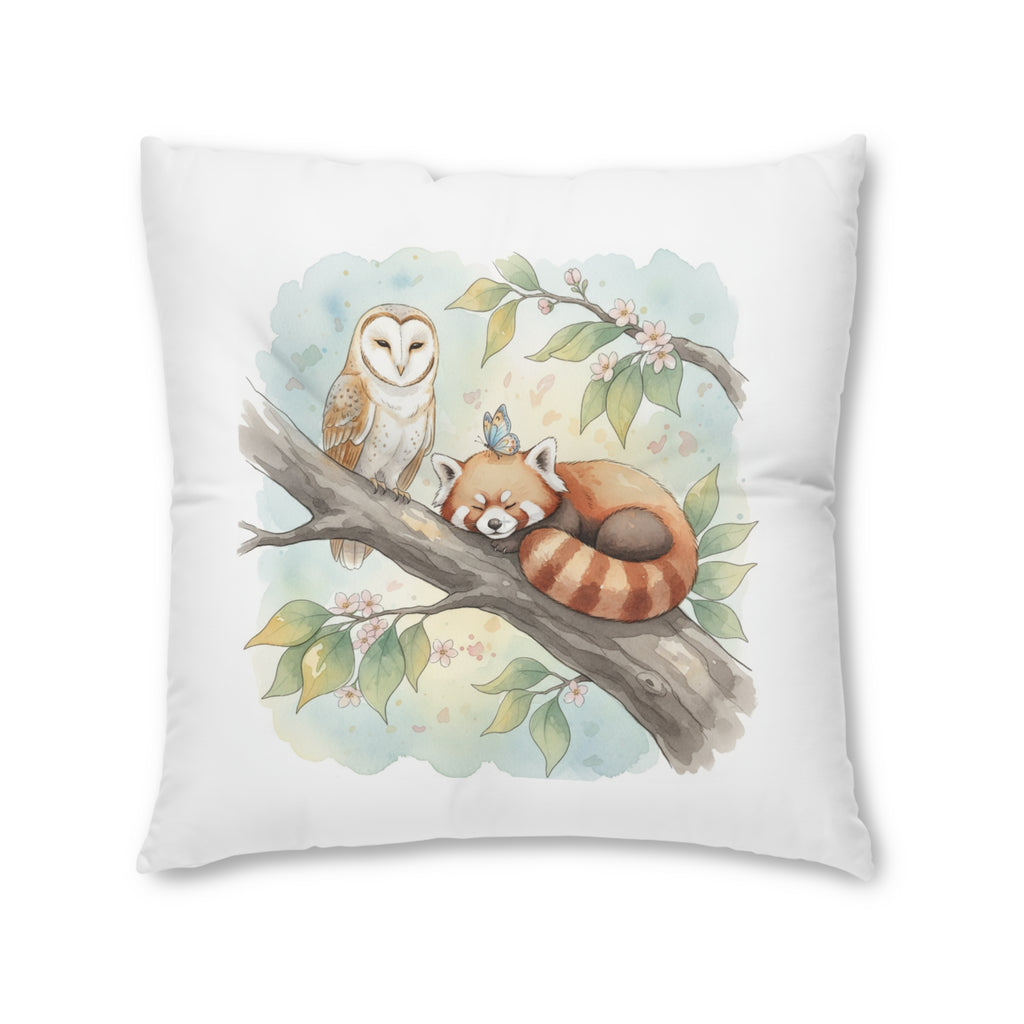 Woodland Animals Square Tufted Floor Pillow — Red Panda, Owl & Forest Nest Décor
