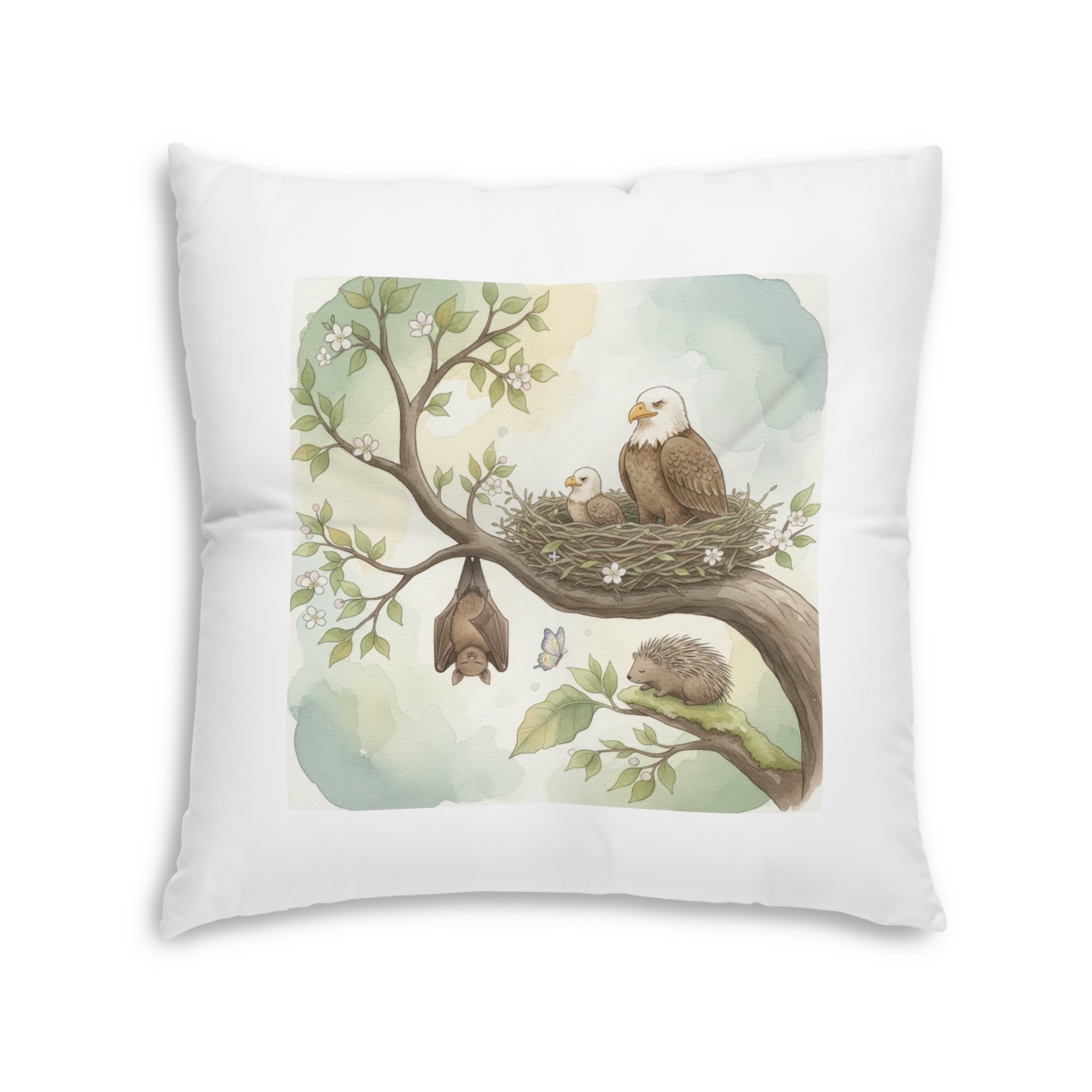 Woodland Animals Square Tufted Floor Pillow — Red Panda, Owl & Forest Nest Décor