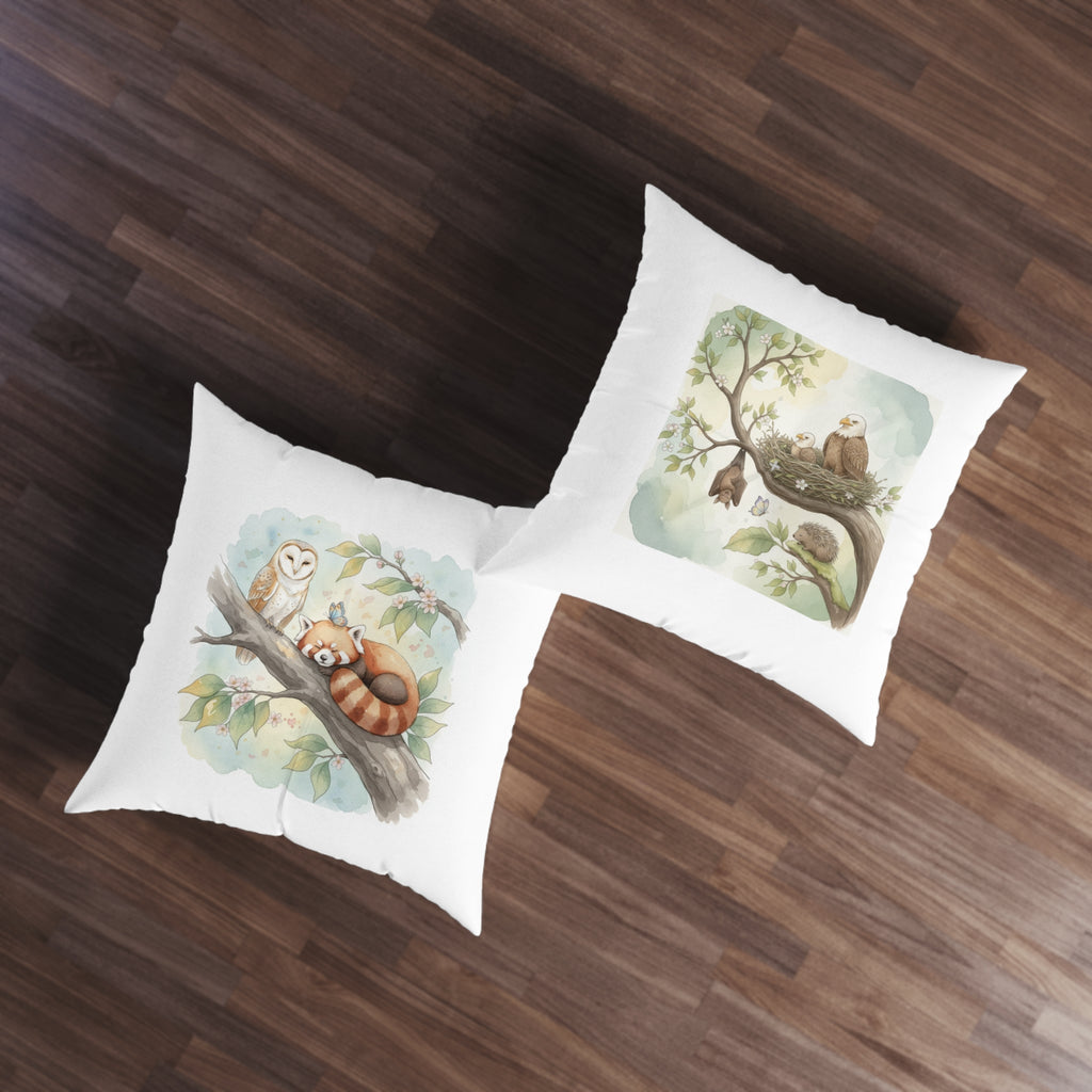 Woodland Animals Square Tufted Floor Pillow — Red Panda, Owl & Forest Nest Décor