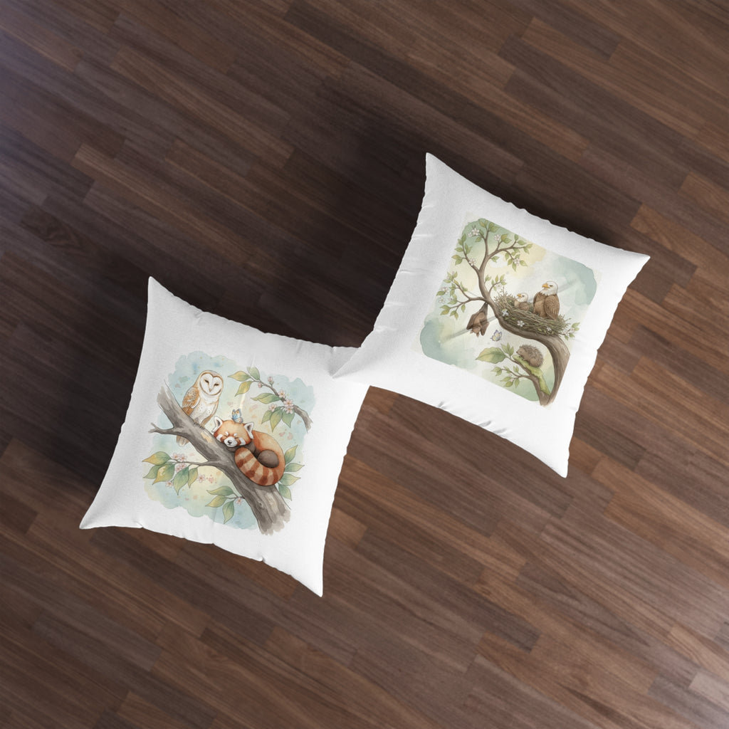 Woodland Animals Square Tufted Floor Pillow — Red Panda, Owl & Forest Nest Décor