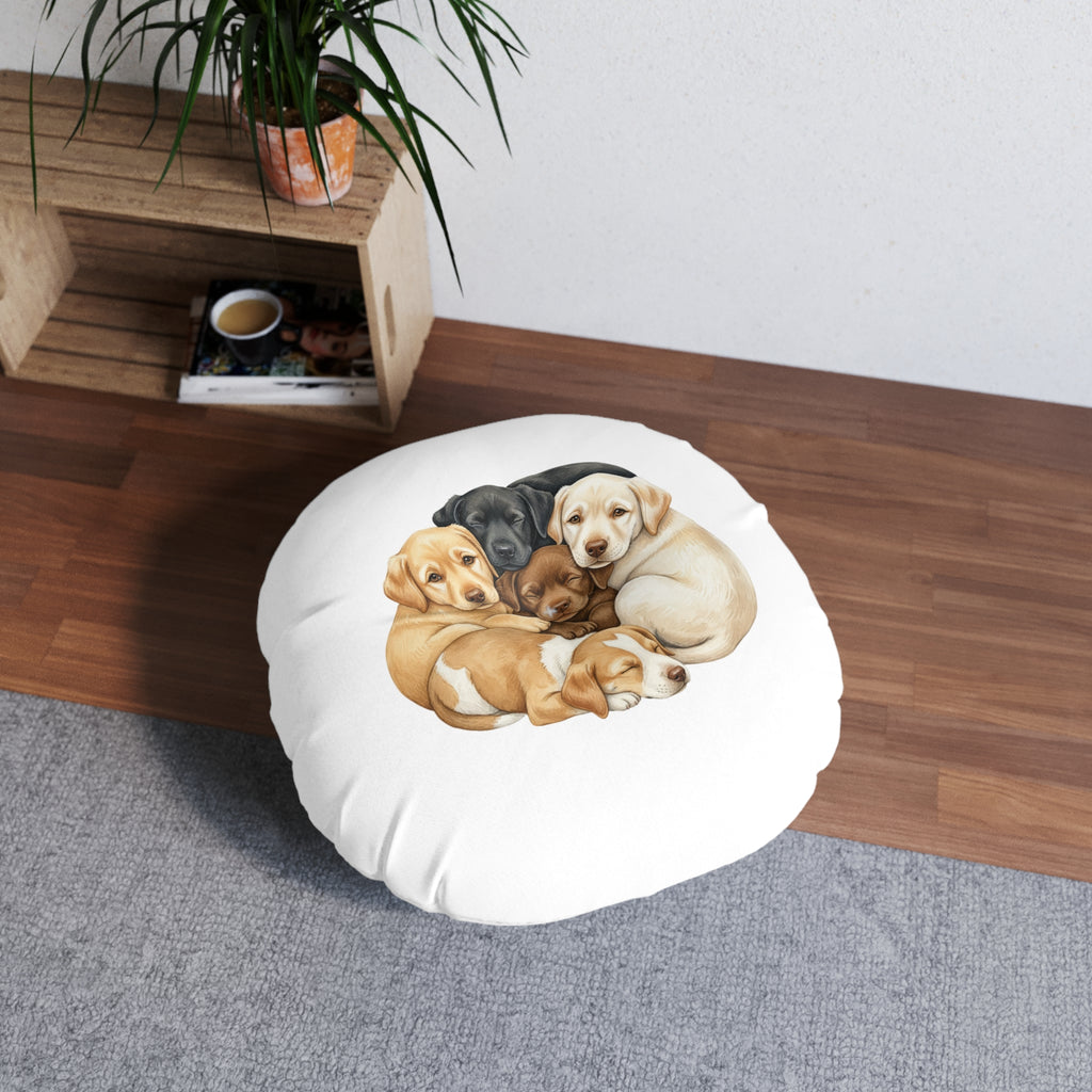 Puppies & Foxes Calm Corner Cushion   — Round Tufted Floor Pillow