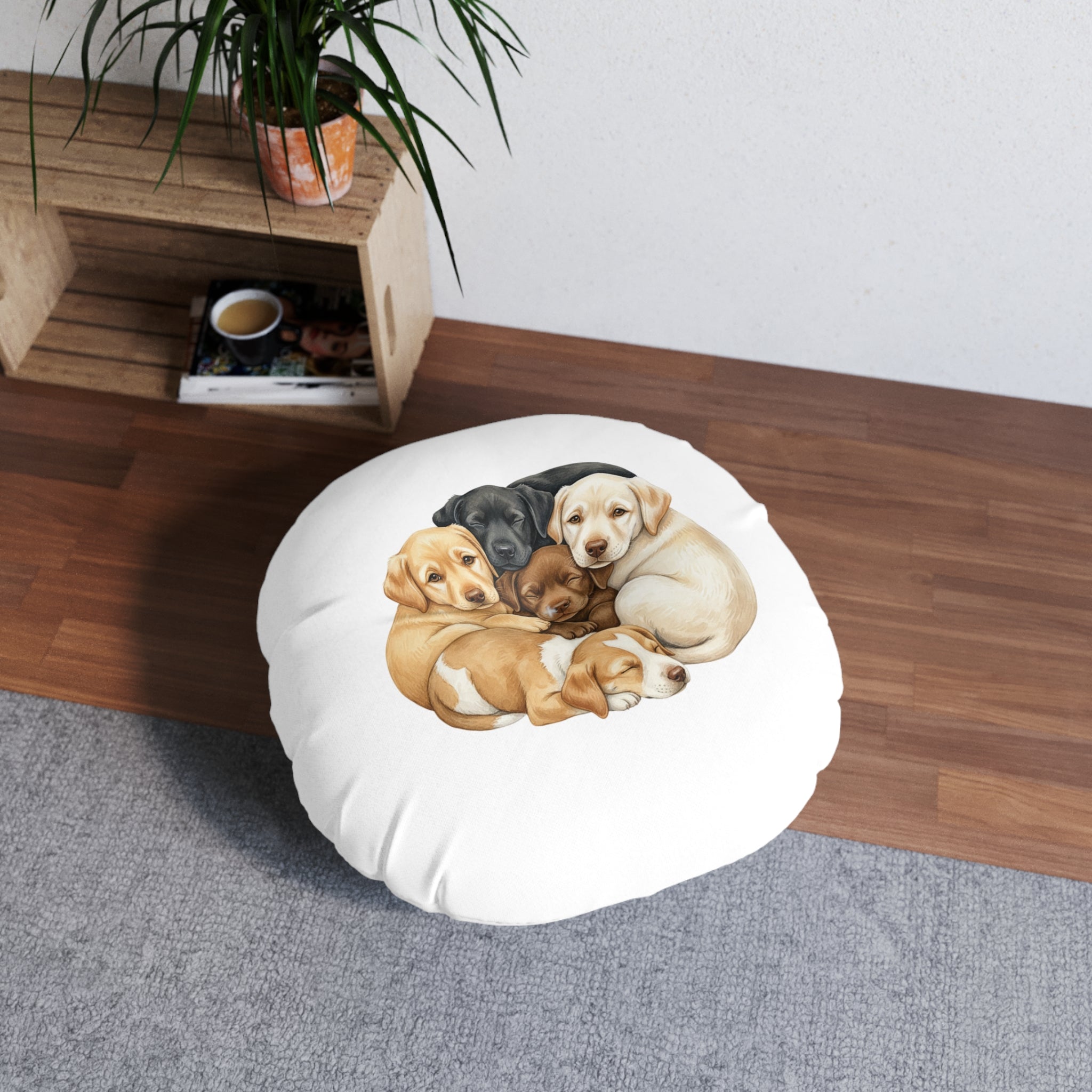 Puppies & Foxes Calm Corner Cushion   — Round Tufted Floor Pillow