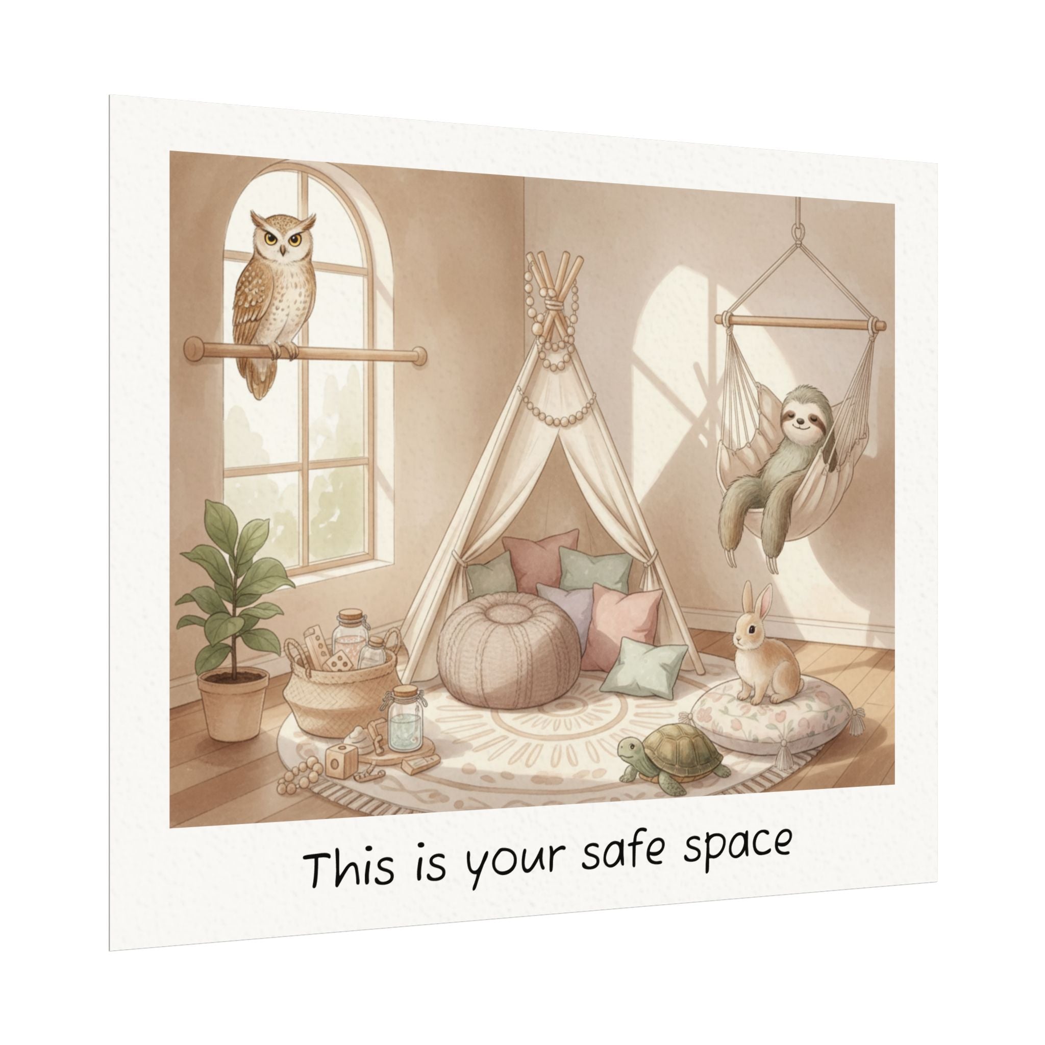 Safe Space Watercolor Poster — Cozy Animals in Calm Corner