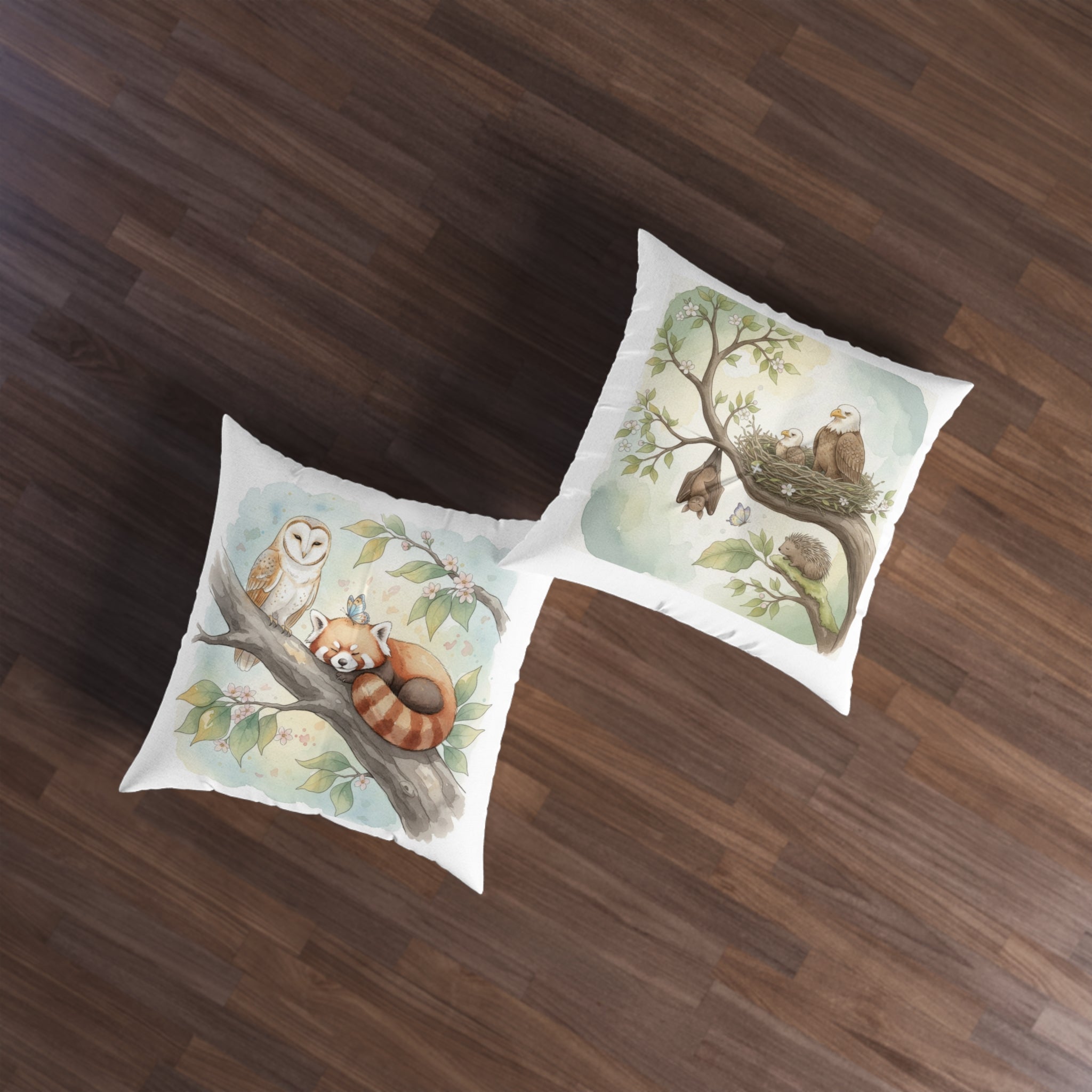 Woodland Animals Floor Pillow — Red Panda, Owl & Forest Nest Décor
