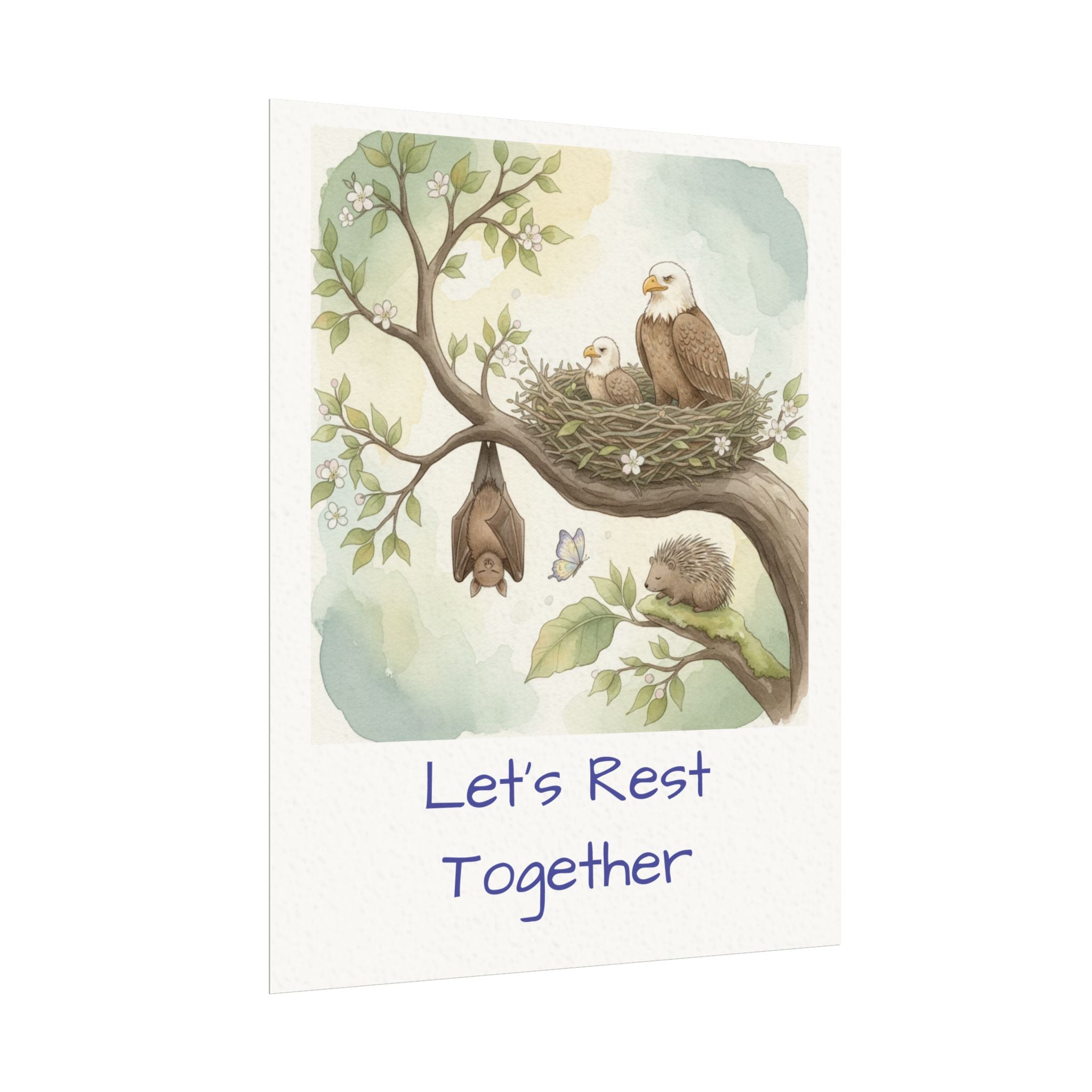 Let's Rest Together Watercolor Poster — Woodland Animals Calm Corner Wall Art