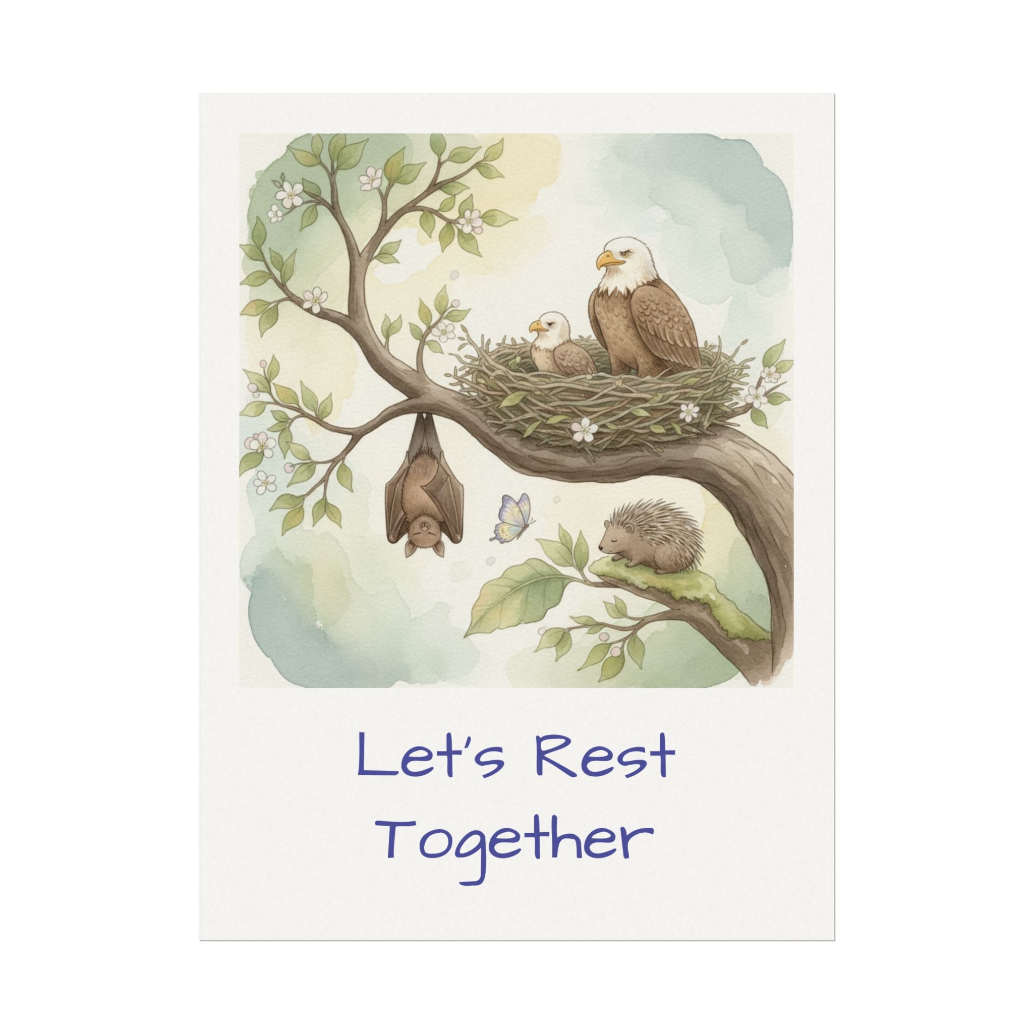 Let's Rest Together Watercolor Poster — Woodland Animals Calm Corner Wall Art