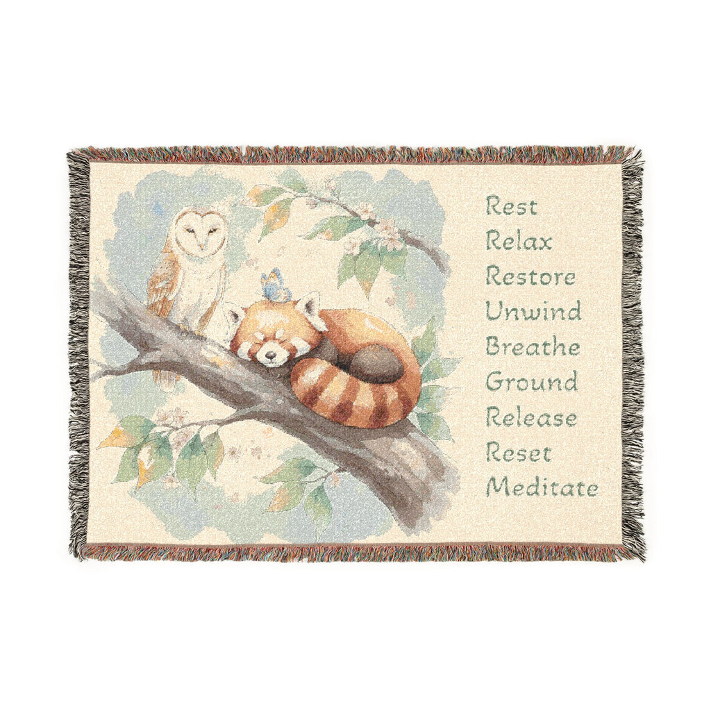 Red Panda Woven Blanket — "Breathe, Relax" Meditation Throw