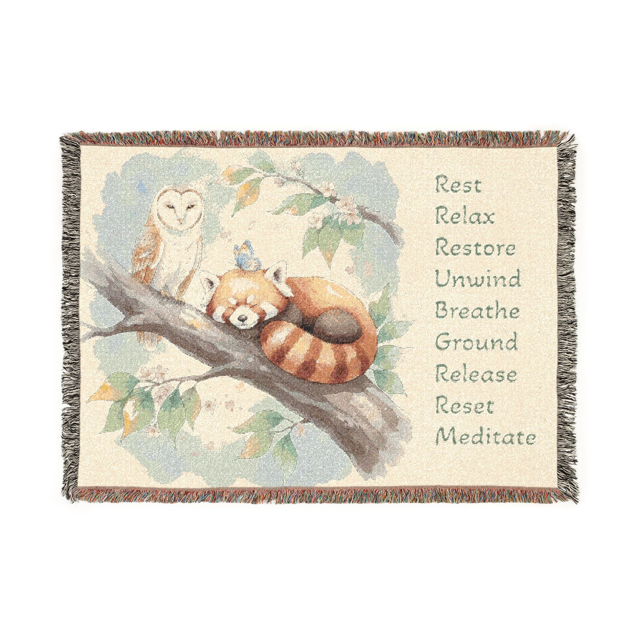 Red Panda Woven Blanket — "Breathe, Relax" Meditation Throw