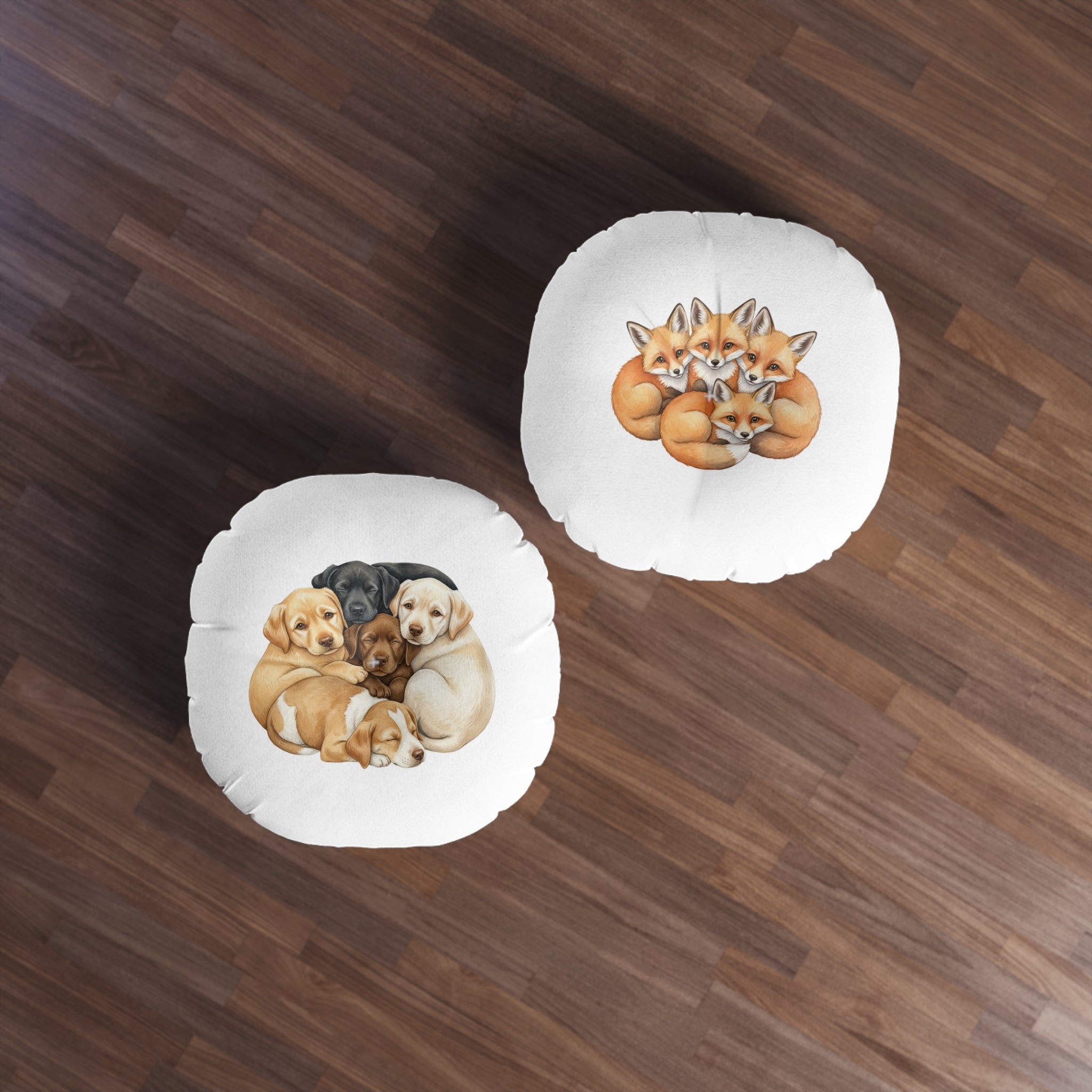Puppies & Foxes Calm Corner Cushion   — Round Tufted Floor Pillow