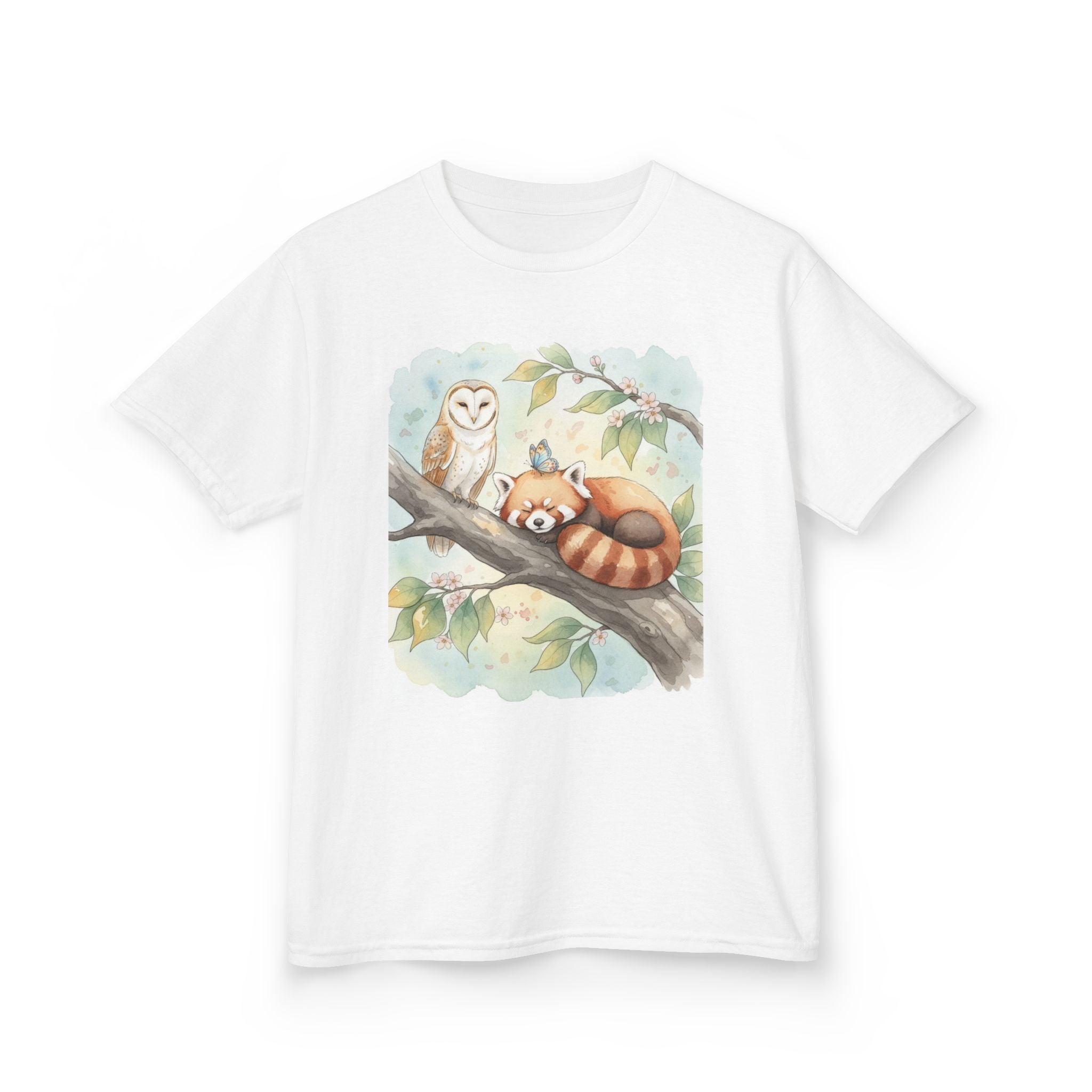Kids Tee — Cute Red Panda & Owl Woodland Illustration