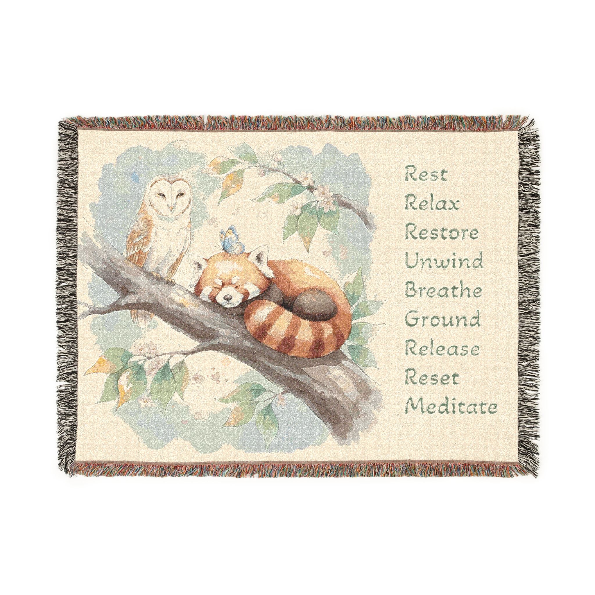 Red Panda Woven Blanket — "Breathe, Relax" Meditation Throw