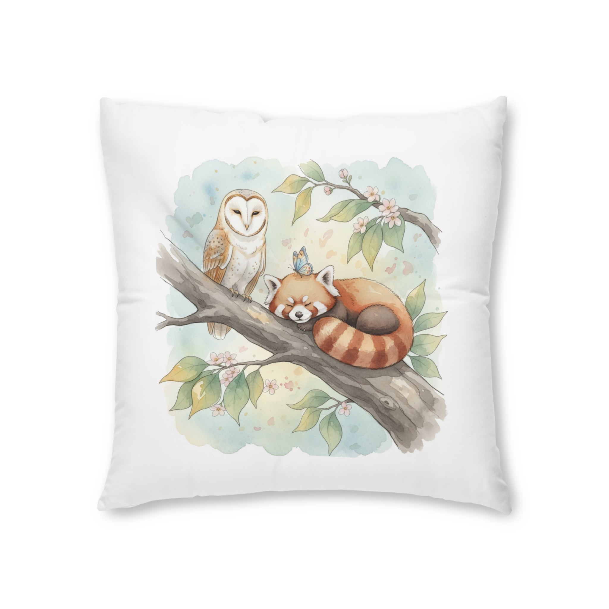 Woodland Animals Square Tufted Floor Pillow — Red Panda, Owl & Forest Nest Décor
