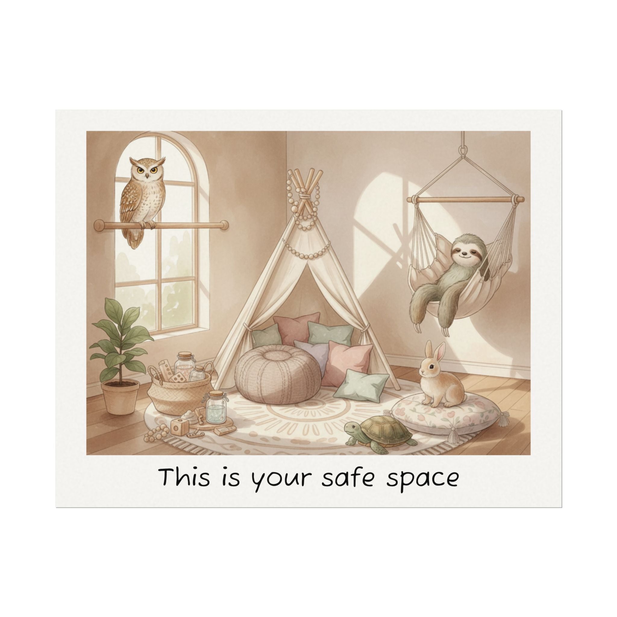 Safe Space Watercolor Poster — Cozy Animals in Calm Corner