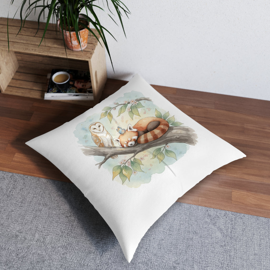 Woodland Animals Square Tufted Floor Pillow — Red Panda, Owl & Forest Nest Décor