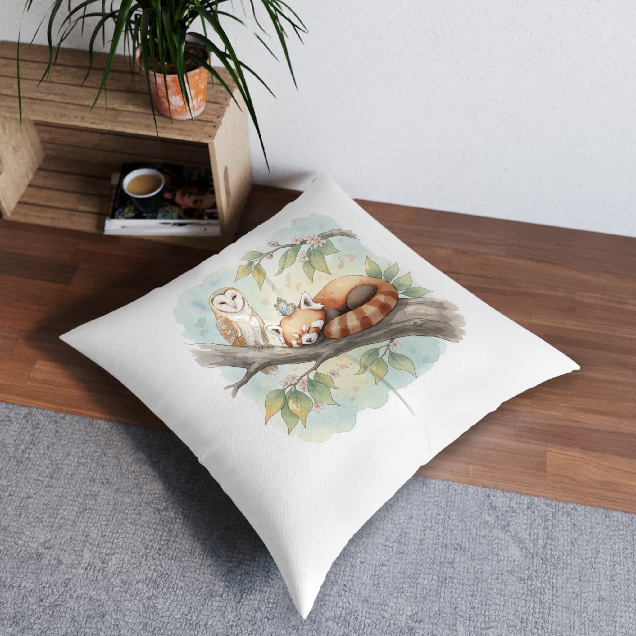 Woodland Animals Square Tufted Floor Pillow — Red Panda, Owl & Forest Nest Décor