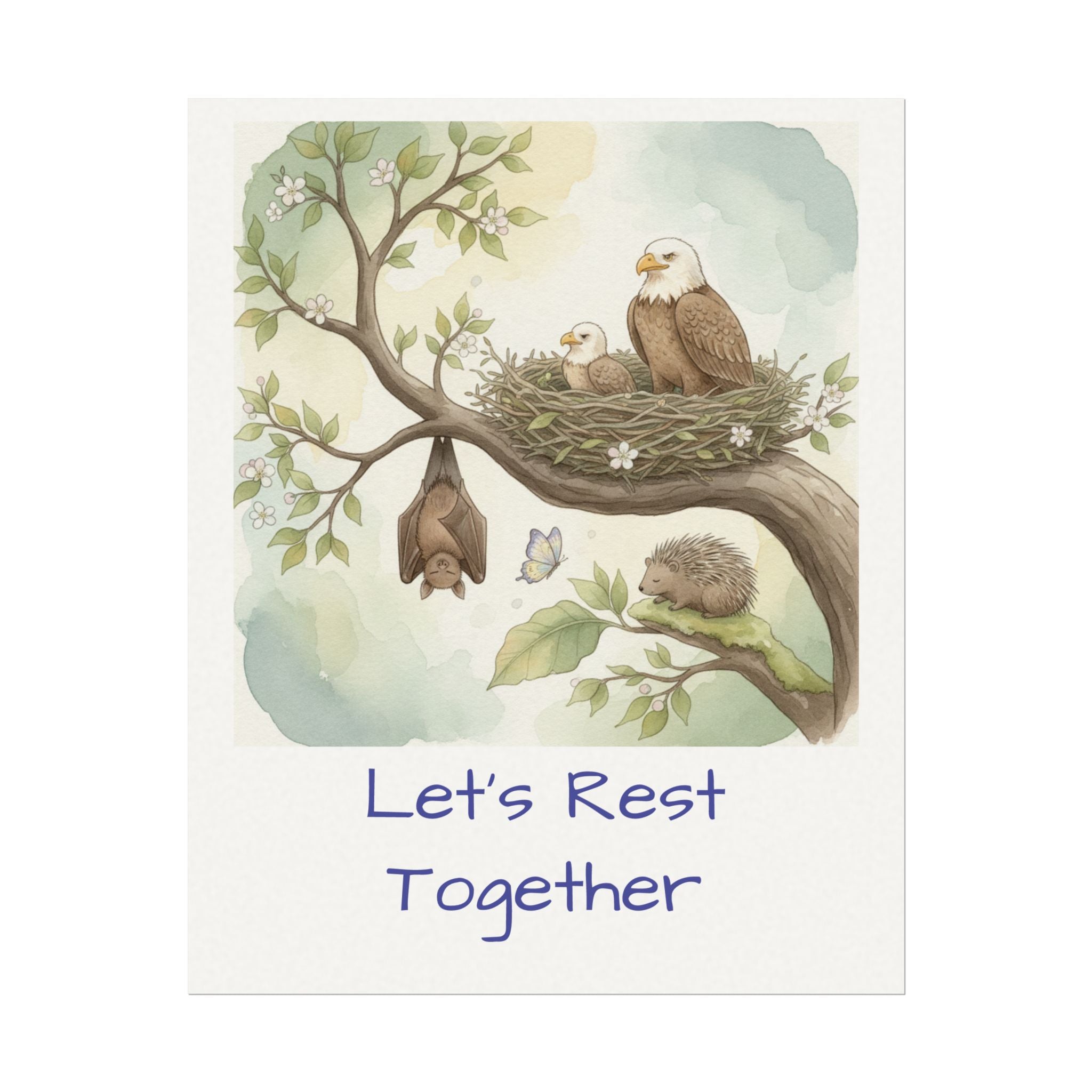 Let's Rest Together Watercolor Poster — Woodland Animals Calm Corner Wall Art