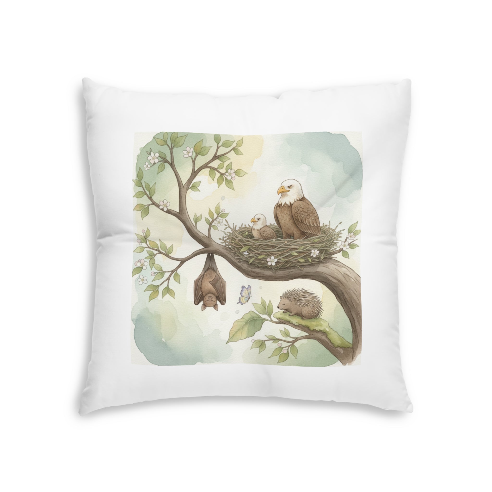 Woodland Animals Square Tufted Floor Pillow — Red Panda, Owl & Forest Nest Décor