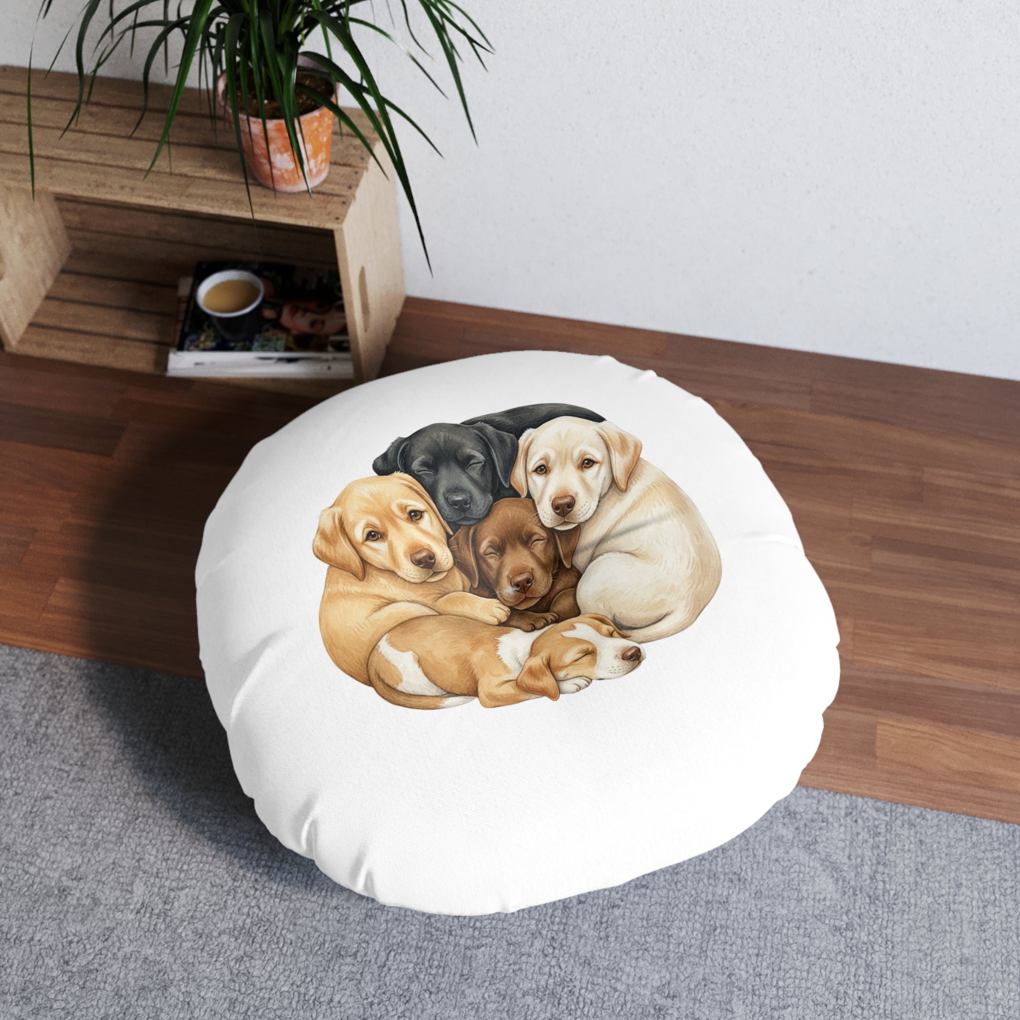 Puppies & Foxes Calm Corner Cushion   — Round Tufted Floor Pillow