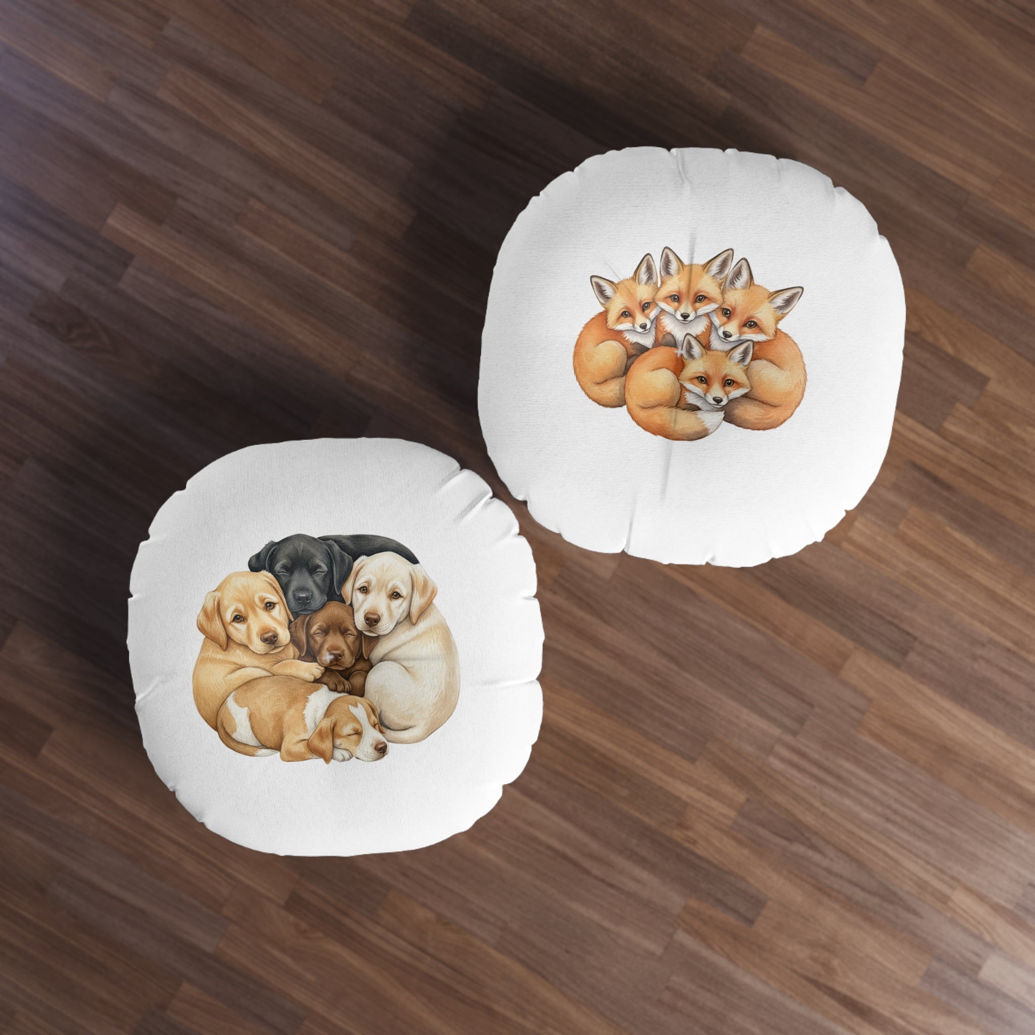 Puppies & Foxes Calm Corner Cushion   — Round Tufted Floor Pillow