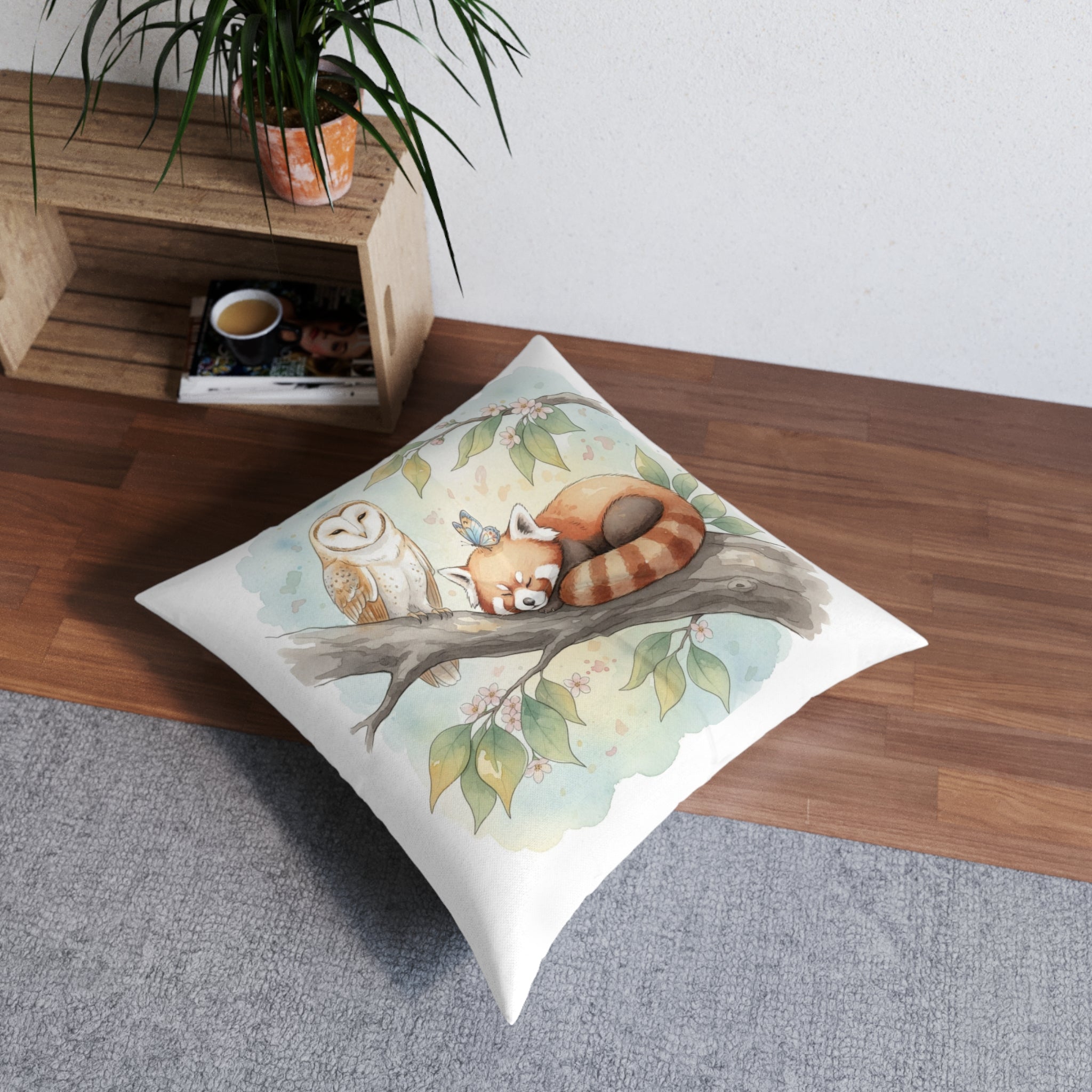 Woodland Animals Floor Pillow — Red Panda, Owl & Forest Nest Décor