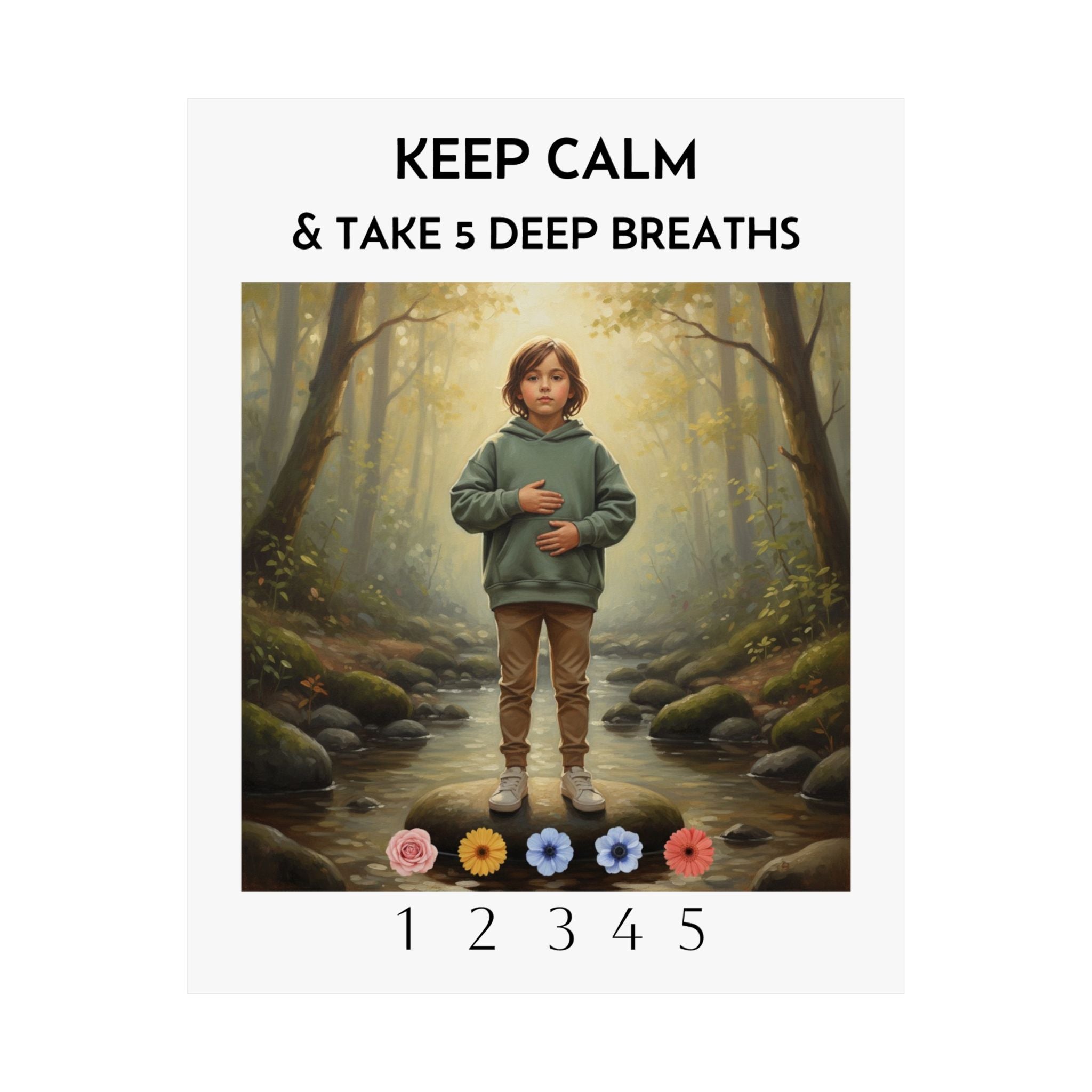 Keep Calm & Take 5 Deep Breaths Poster — Calming Mindfulness Art Print