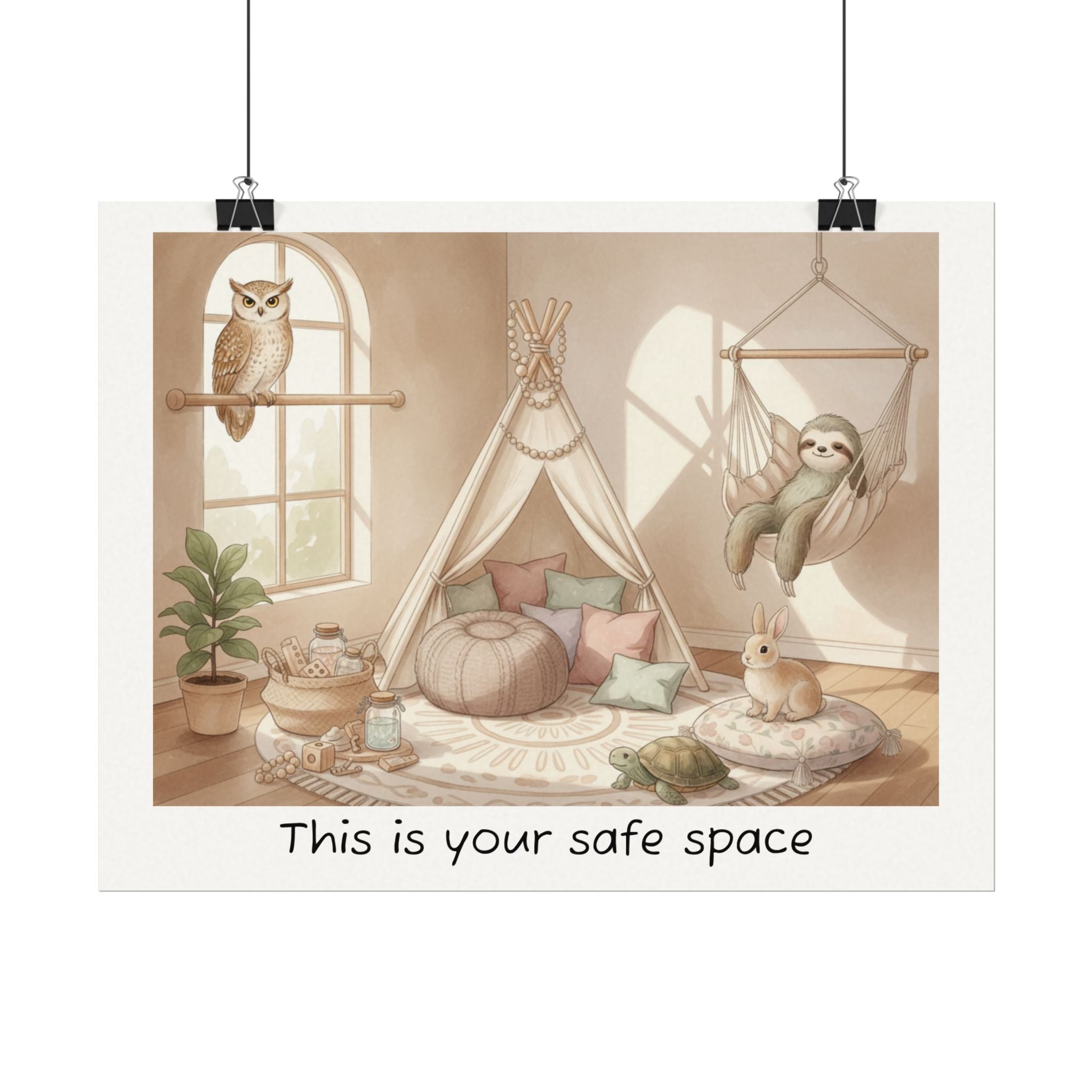 Safe Space Watercolor Poster — Cozy Animals in Calm Corner
